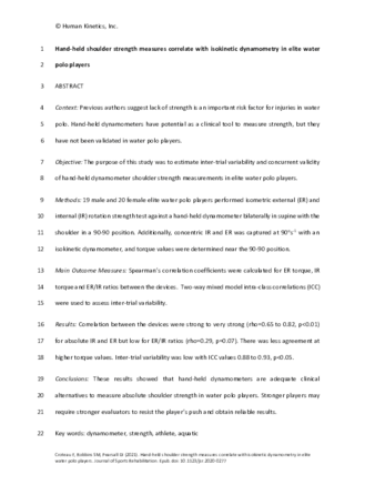 Hand-Held Shoulder Strength Measures Correlate With Isokinetic Dynamometry in Elite Water Polo Players thumbnail