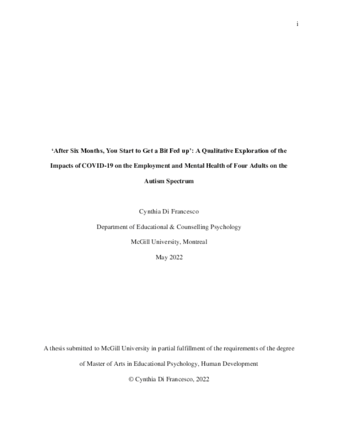 ‘After six months, you start to get a bit fed up’: A qualitative exploration of the impacts of COVID-19 on the employment and mental health of four adults on the autism spectrum thumbnail