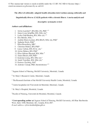 The effect of culturally-adapted health education interventions among culturally and linguistically diverse (CALD) patients with a chronic illness: A meta-analysis and descriptive systematic review thumbnail