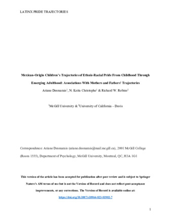 Mexican-Origin Children’s Trajectories of Ethnic-Racial Pride from Childhood through Emerging Adulthood: Associations with Mothers and Fathers’ Trajectories thumbnail