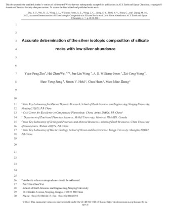 Accurate Determination of Silver Isotopic Composition in Silicate Rocks with Low Silver AbundanceArticle link copied! thumbnail