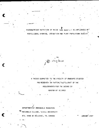 Micronutrient nutrition of maize (Zea mays L.) as influenced by fertilizers, hybrids, irrigation and plant population density thumbnail