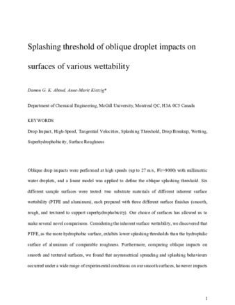 Splashing threshold of oblique droplet impacts on surfaces of various wettability thumbnail