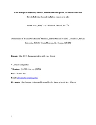 DNA damage at respiratory distress, but not acute time points, correlates with tissue fibrosis following thoracic radiation exposure in mice. thumbnail