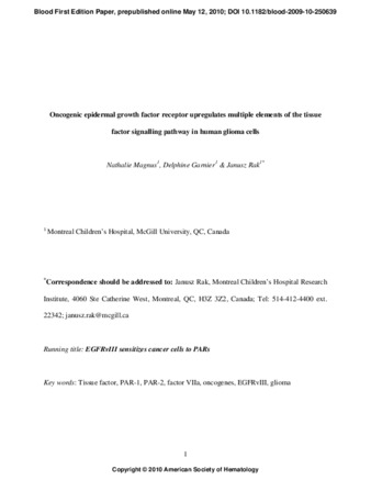 Ocogenic epidermal growth factor receptor upregulates multiple elements of the tissue factor signalling pathway in human glioma cells thumbnail