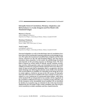 Interspike interval correlations, memory, adaptation, and refractoriness in a leaky integrate-and-fire model with threshold fatigue thumbnail