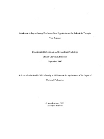 Attachment in psychotherapy : the secure base hypothesis and the role of the therapist thumbnail