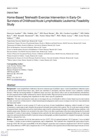 Home-Based Telehealth Exercise Intervention in Early-On Survivors of Childhood Acute Lymphoblastic Leukemia: Feasibility Study thumbnail