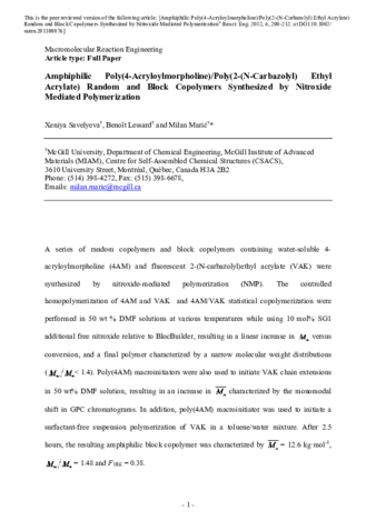 Amphiphilic Poly(4-acryloylmorpholine)/Poly[2-(N -carbazolyl)ethyl acrylate] Random and Block Copolymers Synthesized by NMP thumbnail