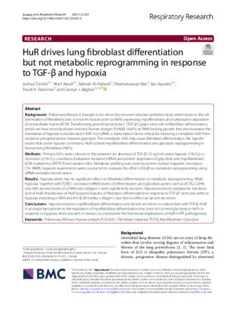 HuR drives lung fibroblast differentiation but not metabolic reprogramming in response to TGF-β and hypoxia thumbnail