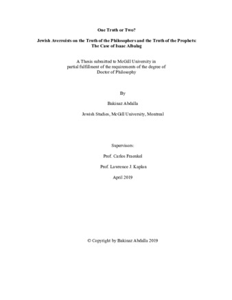 One truth or two? Jewish averroists on the truth of the philosophers and the truth of the prophets: the case of Isaac Albalag thumbnail