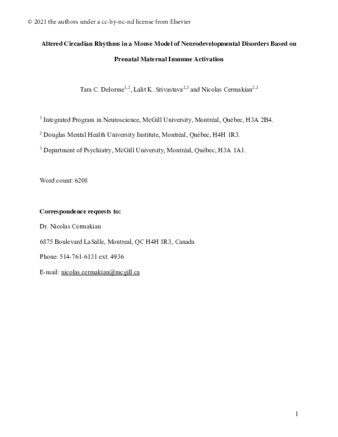 Altered circadian rhythms in a mouse model of neurodevelopmental disorders based on prenatal maternal immune activation thumbnail