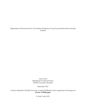 Optimization of protocols for in vitro embryo production using oocytes derived from juvenile animals thumbnail