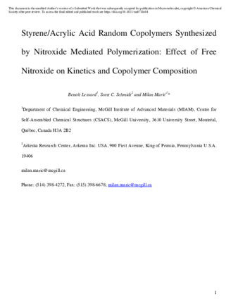 Styrene/Acrylic Acid Random Copolymers Synthesized  by Nitroxide Mediated Polymerization: Effect of Free  Nitroxide on Kinetics and Copolymer Composition  thumbnail