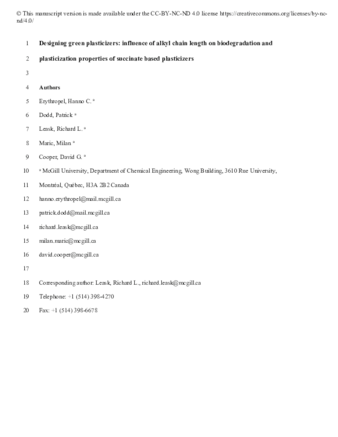 Designing green plasticizers: influence of alkyl chain length on biodegradation and plasticization properties of succinate based plasticizers thumbnail