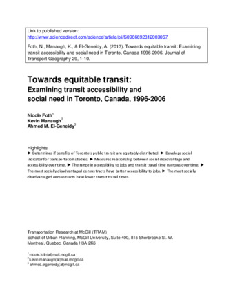 Towards equitable transit: Examining transit accessibility and social need in Toronto, Canada, 1996-2006 thumbnail