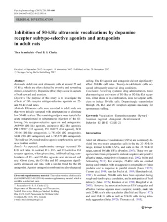 Inhibition of 50-kHz ultrasonic vocalizations by dopamine receptor subtype-selective agonists and antagonists in adult rats thumbnail