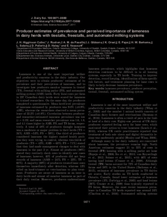 Producer estimates of prevalence and perceived importance of lameness in dairy herds with tiestalls, freestalls, and automated milking systems thumbnail