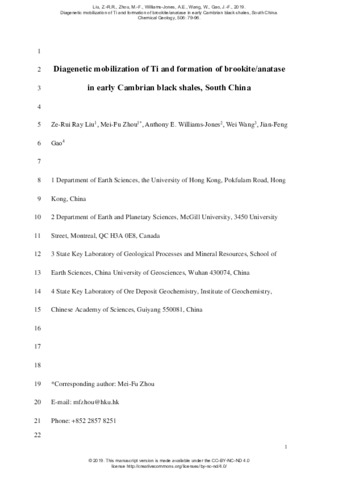 Diagenetic mobilization of Ti and formation of brookite/anatase in early Cambrian black shales, South China thumbnail