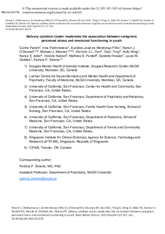 Salivary cytokine cluster moderates the association between caregivers perceived stress and emotional functioning in youth  thumbnail