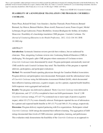 Feasibility of a knowledge translation CME program: Courriels Cochrane thumbnail