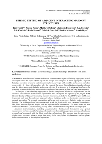 Seismic Testing of Adjacent Interacting Masonry Structures thumbnail