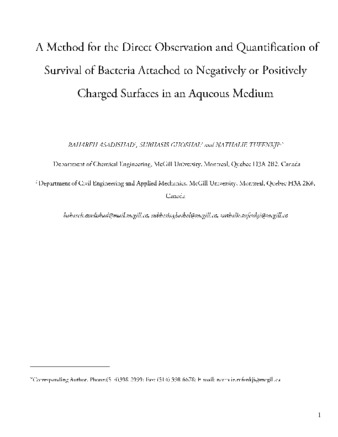 Method for the Direct Observation and Quantification of Survival of Bacteria Attached to Negatively or Positively Charged Surfaces in an Aqueous Medium thumbnail