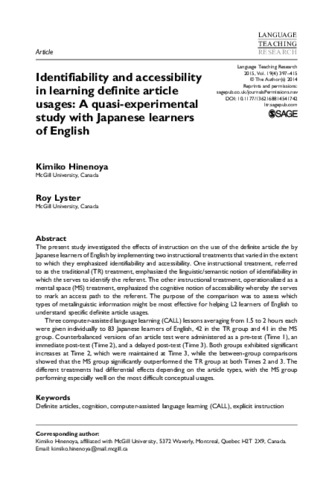 Identifiability and accessibility in learning definite article usage: A quasi- experimental study with Japanese learners of English thumbnail