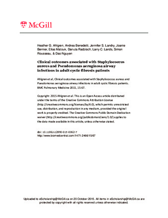 Clinical outcomes associated with Staphylococcus aureus and Pseudomonas aeruginosa airway infections in adult cystic fibrosis patients thumbnail