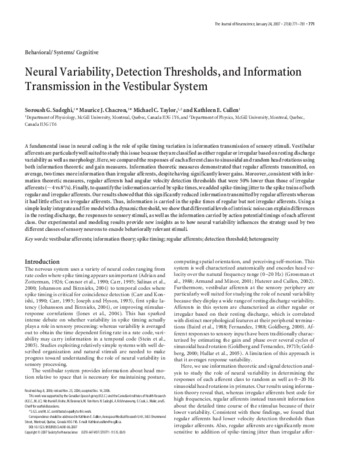 Neural variability, detection thresholds, and information transmission in the vestibular system thumbnail