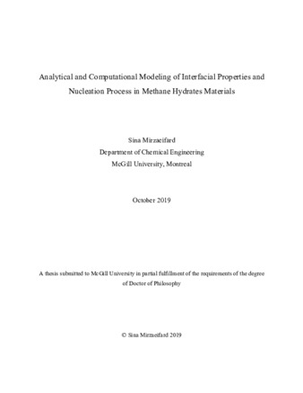Analytical and computational modeling of interfacial properties and nucleation process in methane hydrates materials thumbnail