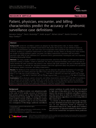 Patient, physician, encounter, and billing characteristics predict the accuracy of syndromic surveillance case definitions thumbnail