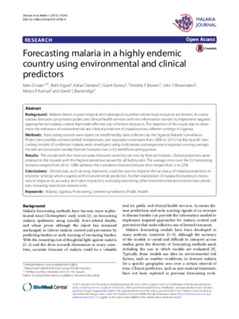 Forecasting malaria in a highly endemic country using environmental and clinical predictors thumbnail