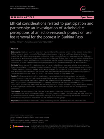 Ethical considerations related to participation and partnership: an investigation of stakeholders’ perceptions of an action-research project on user fee removal for the poorest in Burkina Faso thumbnail