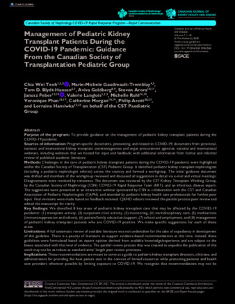 Management of Pediatric Kidney Transplant Patients During the COVID-19 Pandemic: Guidance From the Canadian Society of Transplantation Pediatric Group thumbnail