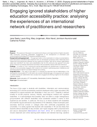 Engaging Ignored Stakeholders of Higher Education Accessibility Practice: Analysing the experiences of an international network of practitioners and researchers thumbnail