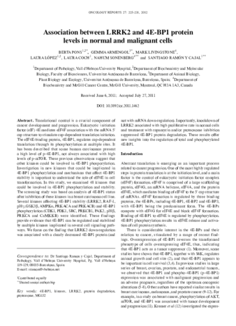 Association between LRRK2 and 4E-BP1 protein levels in normal and malignant cells thumbnail