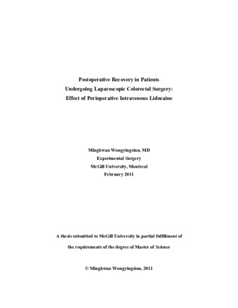 Postoperative recovery in patients undergoing laparoscopic colorectal surgery: effect of perioperative intravenous lidocaine thumbnail