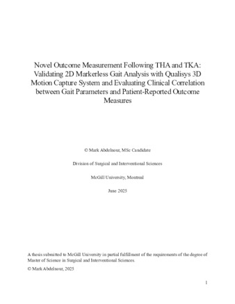 Novel Outcome Measurement Following THA and TKA: Validating 2D Markerless Gait Analysis with Qualisys 3D Motion Capture System and Evaluating Clinical Correlation between Gait Parameters and Patient-Reported Outcome Measures thumbnail