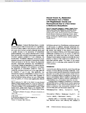 Altered vitamin B12 metabolism in fibroblasts from a patient with megaloblastic anemia and homocystinuria due to a new defect in methionine biosynthesis thumbnail