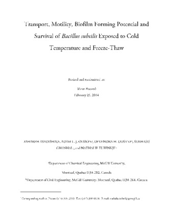 Transport, motility, biofilm forming potential and survival of Bacillus subtilis exposed to cold temperature and freeze-thaw. thumbnail