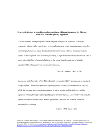  Synergetic Themes in Cognitive and Sociocultural Bilingualism Research: Moving Towards a Transdisciplinary Approach thumbnail