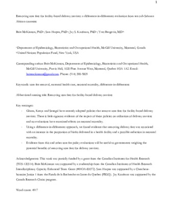 Removing user fees for facility-based delivery services: a difference-in-differences evaluation from ten sub-Saharan African countries. thumbnail