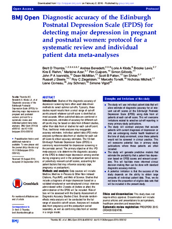 Diagnostic accuracy of the Edinburgh Postnatal Depression Scale (EPDS) for detecting major depression in pregnant and postnatal women: protocol for a systematic review and individual patient data meta-analyses thumbnail