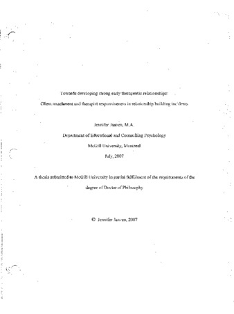 Towards developing strong early therapeutic relationships : client attachment and therapist responsiveness in relationship building incidents thumbnail