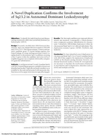 A Novel Duplication Confirms the Involvement of 5q23.2 in Autosomal Dominant Leukodystrophy thumbnail