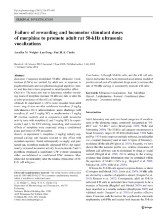 Failure of rewarding and locomotor stimulant doses of morphine to promote adult rat 50-kHz ultrasonic vocalizations thumbnail