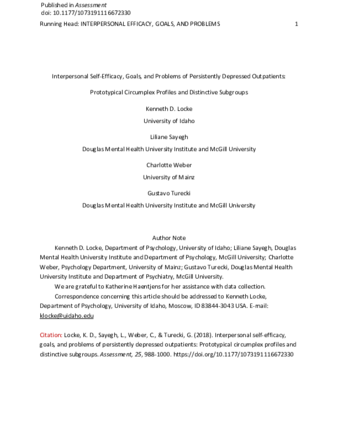 Interpersonal Self-Efficacy, Goals, and Problems of Persistently Depressed Outpatients: Prototypical Circumplex Profiles and Distinctive Subgroups thumbnail