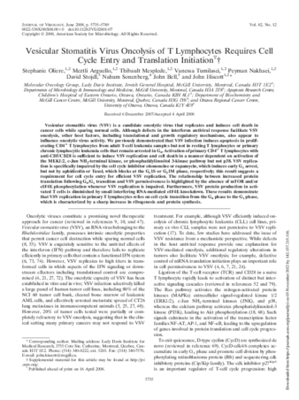 Vesicular Stomatitis Virus Oncolysis of T Lymphocytes Requires Cell Cycle Entry and Translation Initiation thumbnail