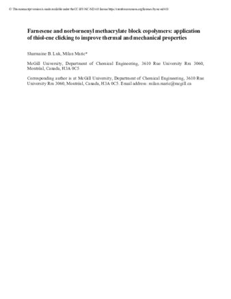 Farnesene and norbornenyl methacrylate block copolymers: application of thiol-ene clicking to improve thermal and mechanical propertie thumbnail